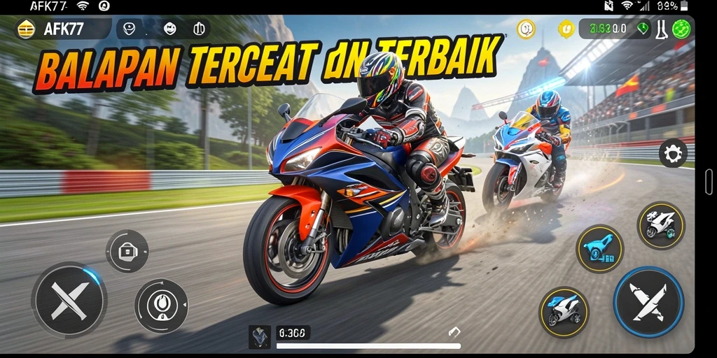Screenshot gameplay AFK77 menunjukkan aksi balapan motor yang mendebarkan.