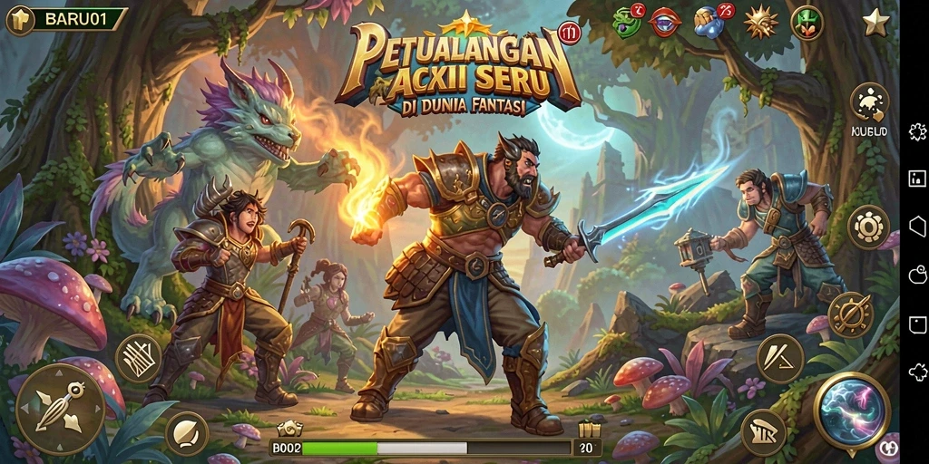 Screenshot gameplay BARU01 menampilkan aksi karakter di dunia fantasi.