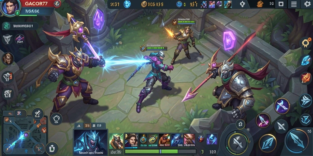 Screenshot utama GACOR77 menunjukkan pertarungan seru antara tim di arena.