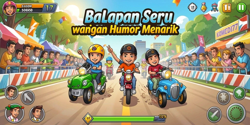 Screenshot gameplay balapan yang penuh humor dan keseruan.