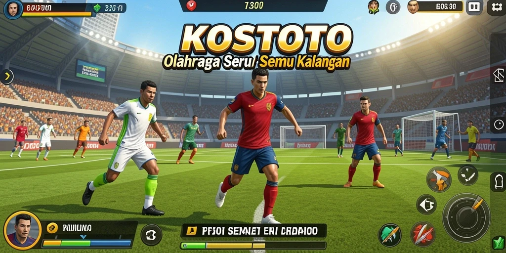 Screenshot utama KOSTOTO menampilkan aksi seru di lapangan olahraga.