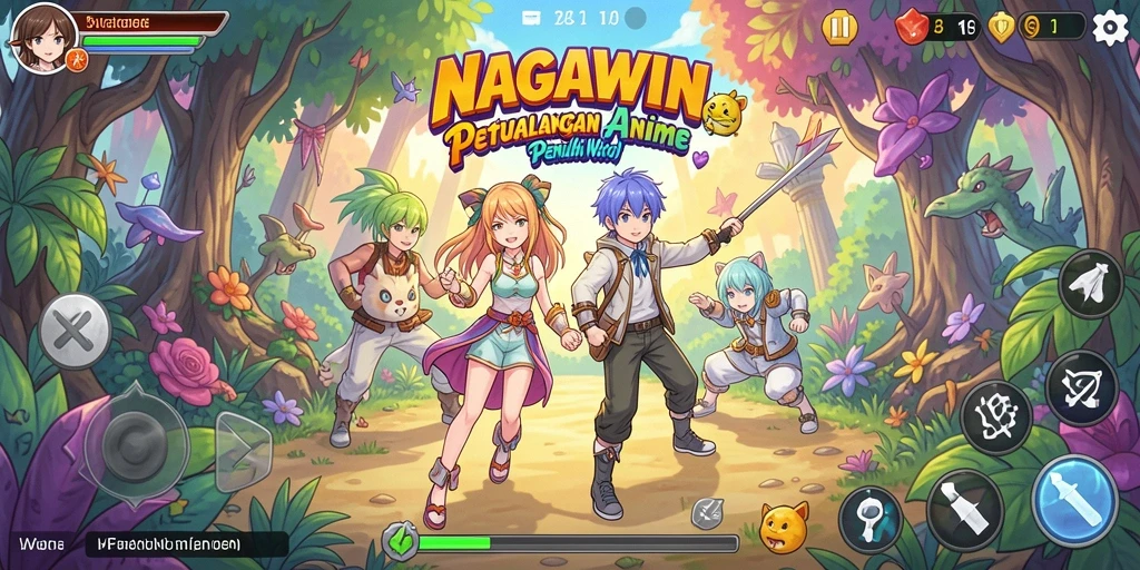 Screenshot gameplay NAGAWIN menampilkan karakter anime dalam aksi seru.