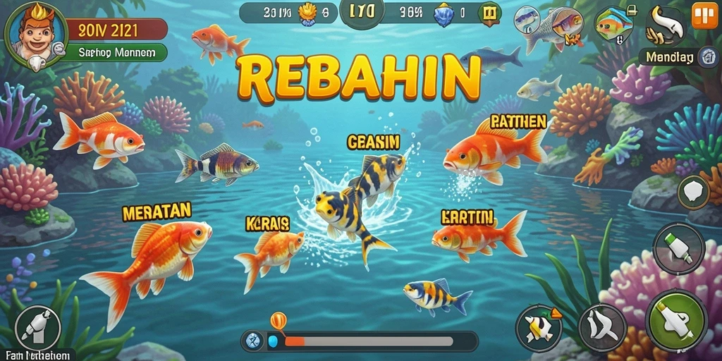 Tampilan gameplay <strong>REBAHIN</strong> saat menangkap ikan di lokasi yang indah.